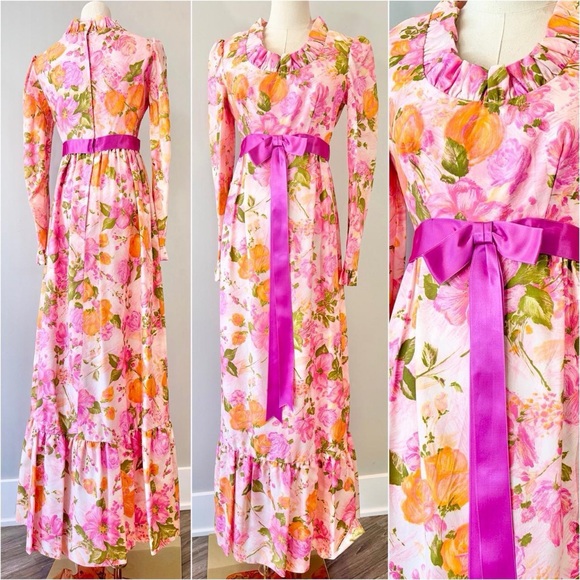 Vintage Dresses & Skirts - Vintage 1960s / 1970s Maxi Dress Watercolor Floral Pink Spring 60s 70s Flower
